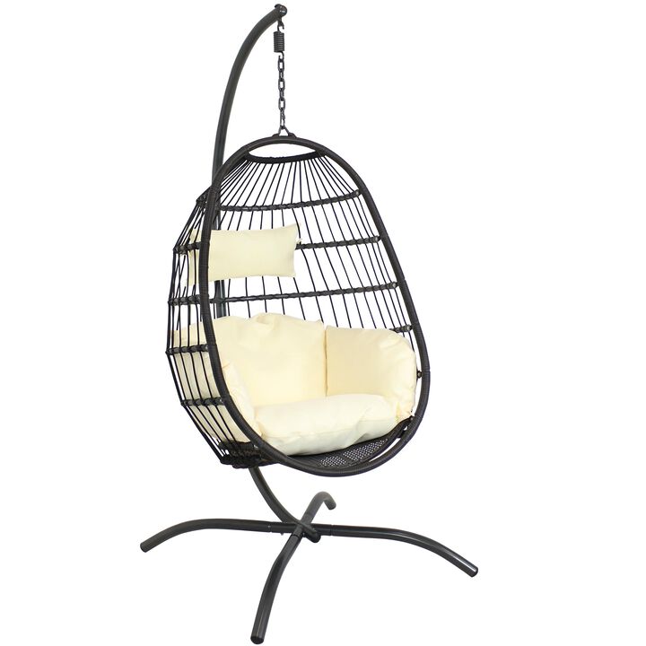 Sunnydaze Resin Wicker Hanging Egg Chair with Steel Stand/Cushions