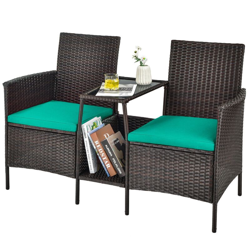 Patio Rattan Wicker Conversation Set Sofa Cushioned Loveseat Glass Table