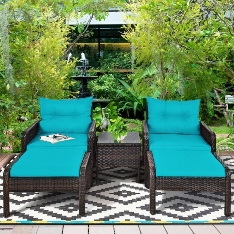 Hivvago 5 Pieces Patio Rattan Sofa Ottoman Furniture Set with Cushions