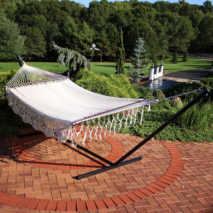 Sunnydaze 2-Person Cotton/Nylon Hammock with Steel Stand and Fringe