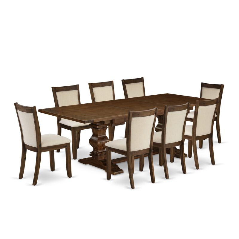 East West Furniture East West Furniture LAMZ11-N8-32 11-Pieces Kitchen Table Set - 1 Modern Dining Table with Double Pedestal and 10 Light Beige Linen Fabric Modern Chairs with Stylish Back - Antique Walnut Finish