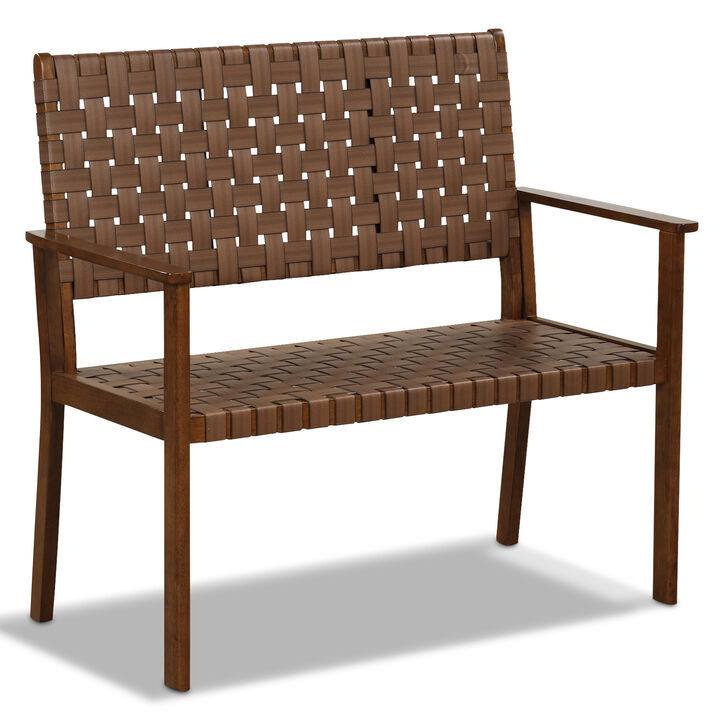 Outdoor All Weather Bench with Solid Rubber Wood Frame and Hand Woven PU Leather-Brown