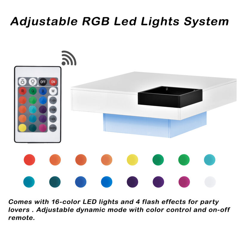 Modern Minimalist Design Square Coffee Table with Detachable Tray and Plug-in 16-color LED Strip Lights Remote Control