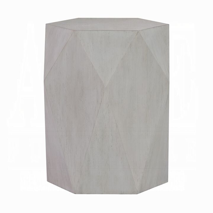 Hano Side End Table, White Rubberwood, 22 Inch, Geometric Design Body