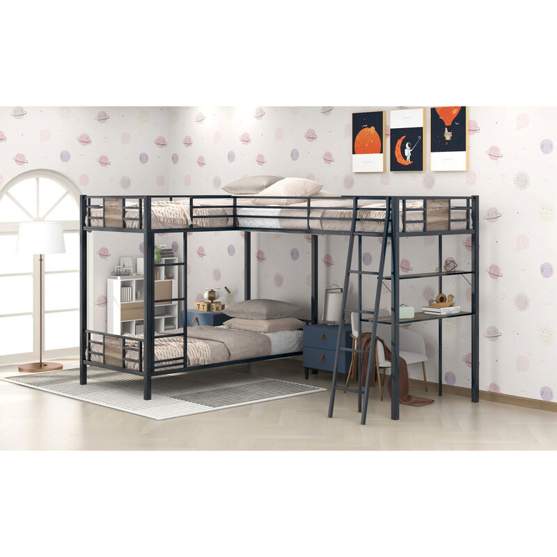 L-Shaped Twin Over Twin Bunk Bed With Twin Size Loft Bed With Desk And Shelf, Brown