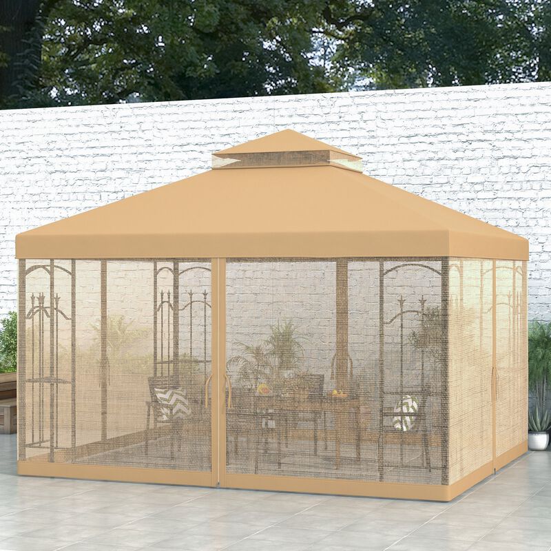 Outsunny 10' x 10' Patio Gazebo with Corner Frame Shelves, Double Roof Outdoor Gazebo Canopy Shelter with Netting, for Patio, Wedding, Catering & Events, Brown