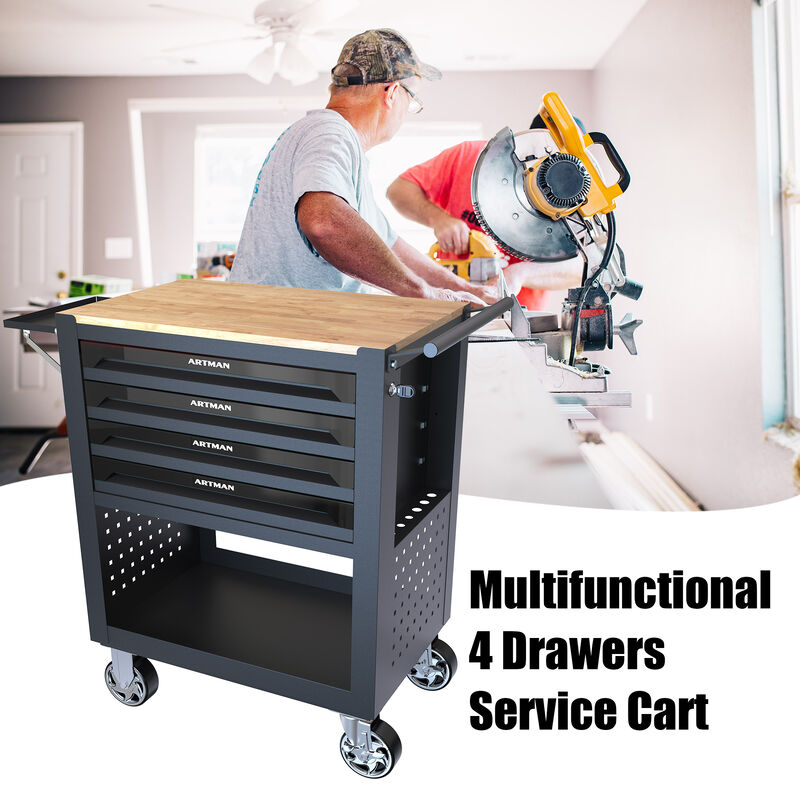 4 DRAWERS MULTIFUNCTIONAL TOOL CART WITH WHEELS AND WOODEN TOP