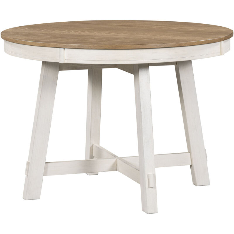 Farmhouse Round Extendable Dining Table with 16" Leaf Wood Kitchen Table (Oak Natural Wood + Antique White)