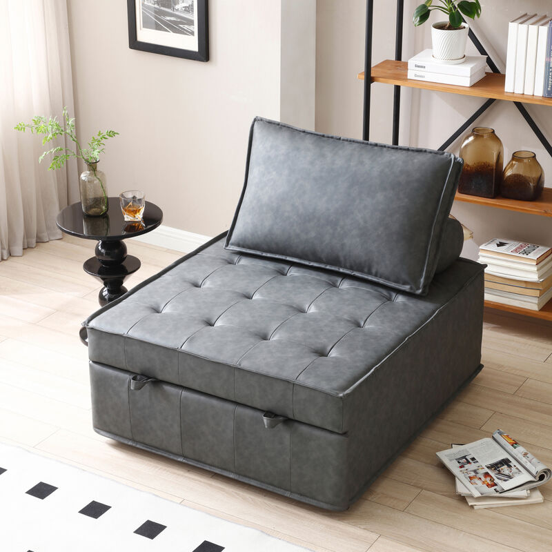 Multipurpose Faux Leather Ottoman Lazy Chair Pulling Out Sofa Bed (Dark Grey)
