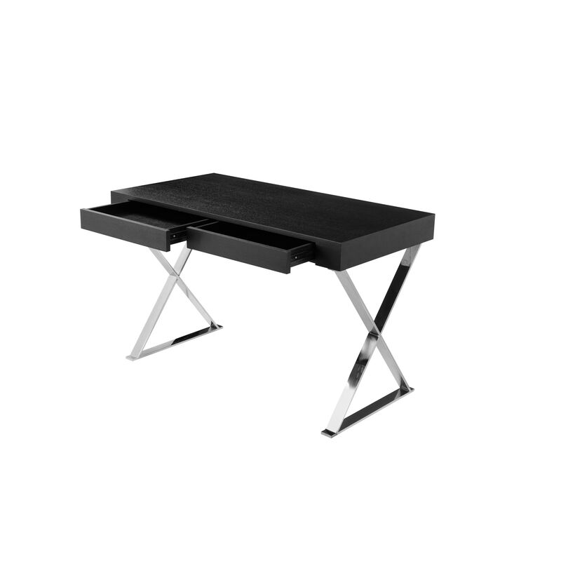 Rix 47 Inch Office Desk, Black Wood Top, 2 Drawers, X Polished Steel Legs - Benzara