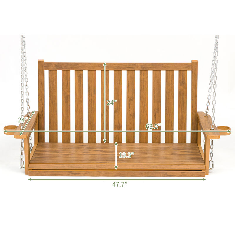 Mega Casa Poly Lumber Porch Swing with Cup Holders, 18/8 Stainless Steel Hanging Chains and Hardware, High Backrest and Deep Contoured Seat, Heavy Duty 900 LBS, All-Weather Resistant Bench Swing (Teak Tone)