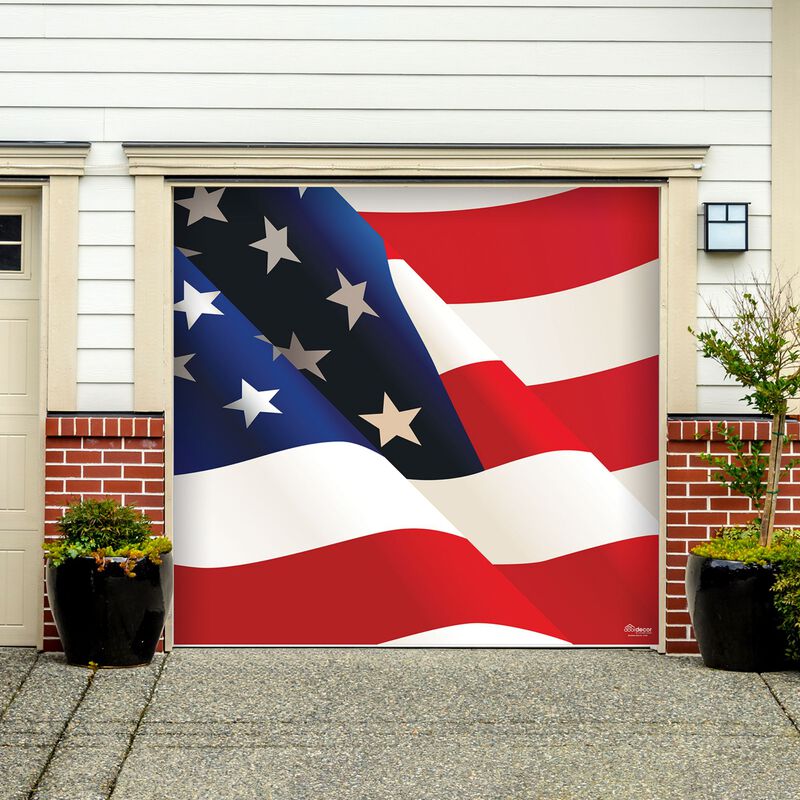 7' x 8' White and Red Patriotic Flag Single Car Garage Door Banner