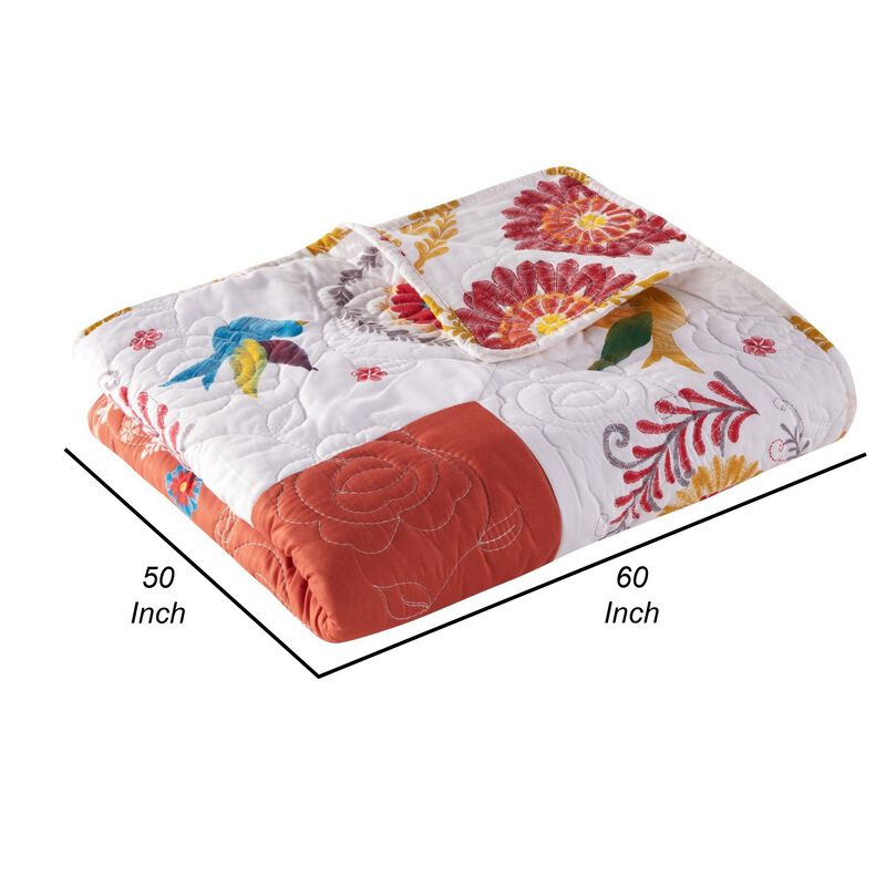 50 x 60 Inch Quilted Throw Blanket with Fill, Floral Print, Multicolor - Benzara