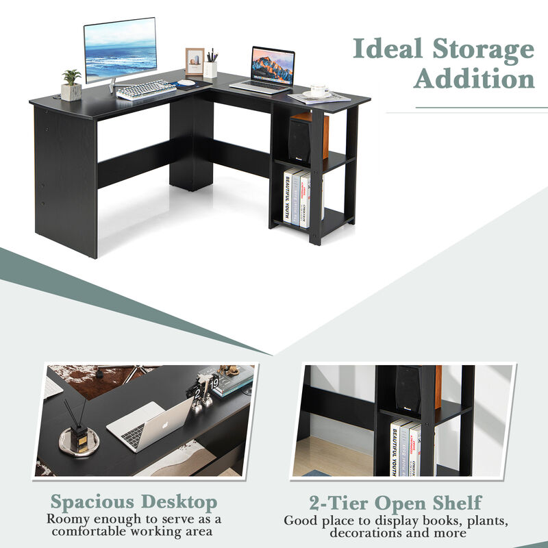 L Shaped Corner Computer Desk with Storage Shelves-Black
