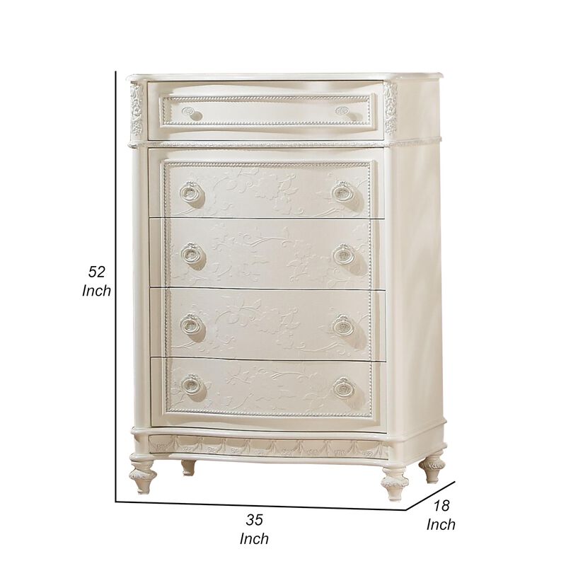 Benjara Dorie 52 Inch Tall Dresser Chest, 5 Drawers, Molded Trim, Ivory White Wood