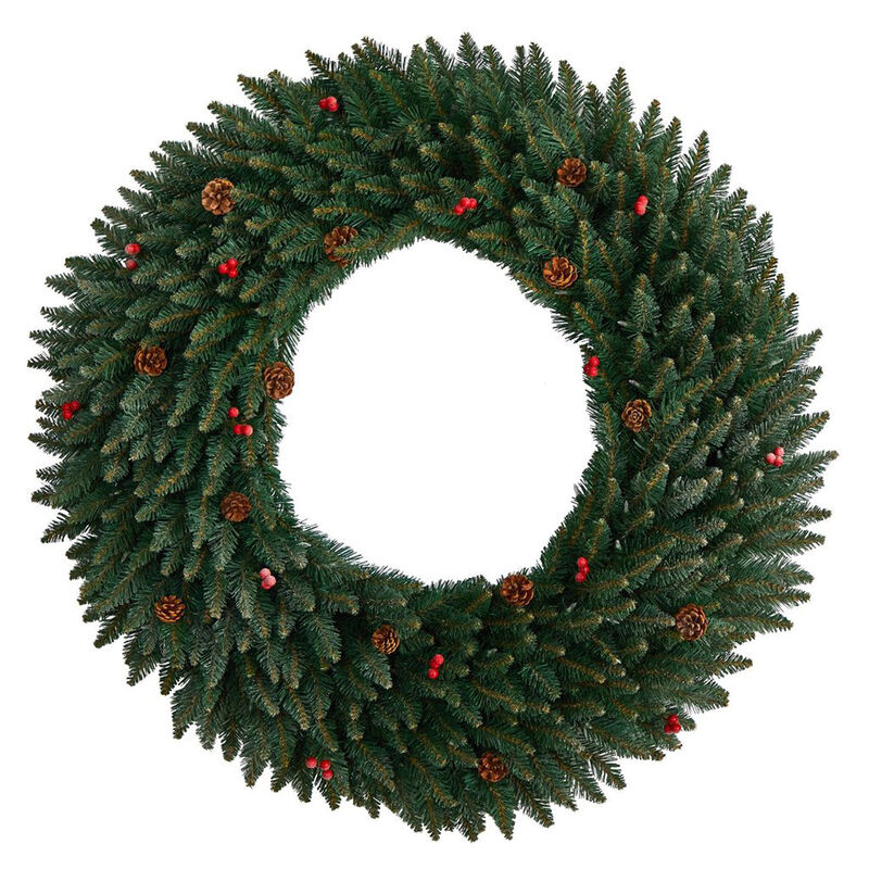 Nearly Natural Large Flocked Artificial Christmas Wreath with Pinecones, Berries, Clear LED Lights and Bendable Branches