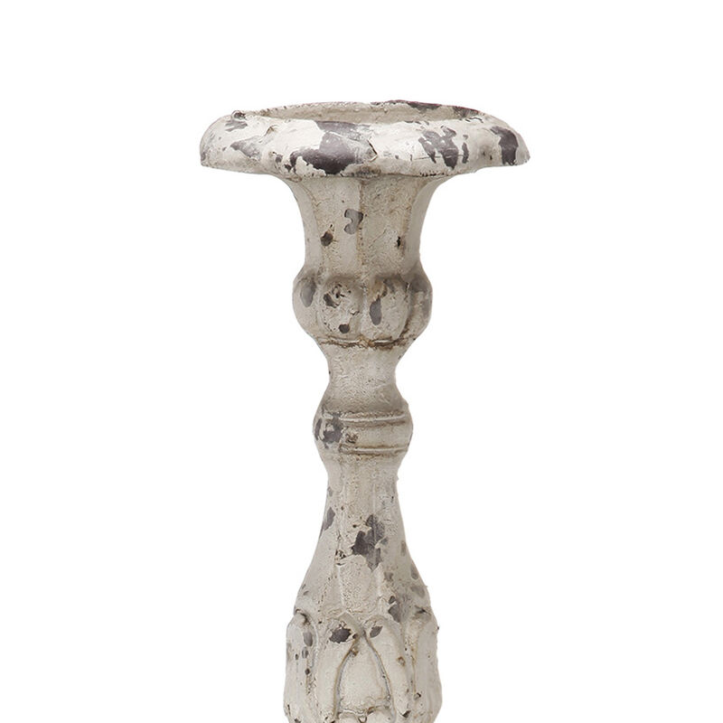28 Inch Metal Candle Holder, Classical Turned Pedestal, Distressed White - Benzara