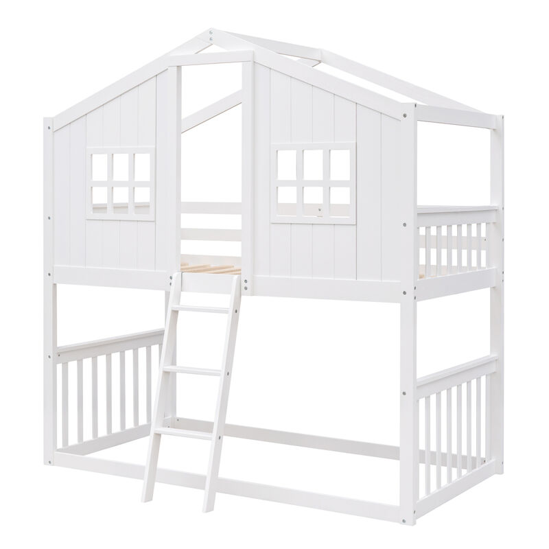 Twin Over Twin House Bunk Bed With Ladder, Wood Bed-Gray