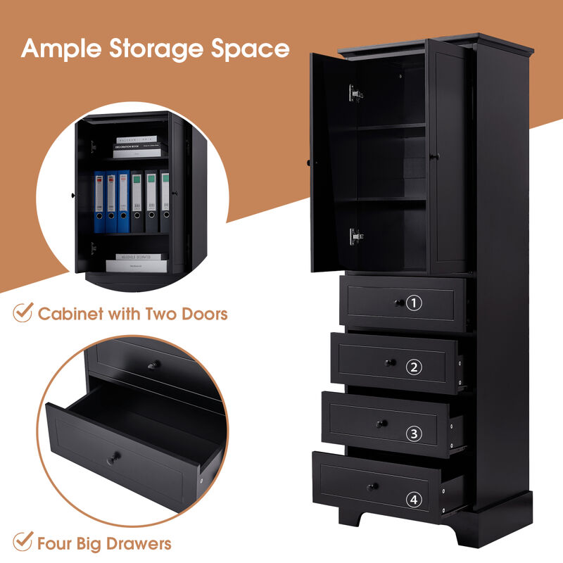 Storage Cabinet with 2 Doors and 4 Drawers for Bathroom, Office, Adjustable Shelf, MDF Board with Painted Finish, Black