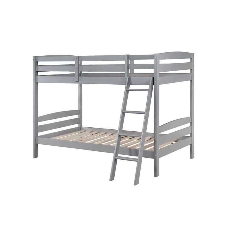 Hina Twin Bunk Bed, Angled Ladder, Sturdy Slat Design, Gray Solid Wood