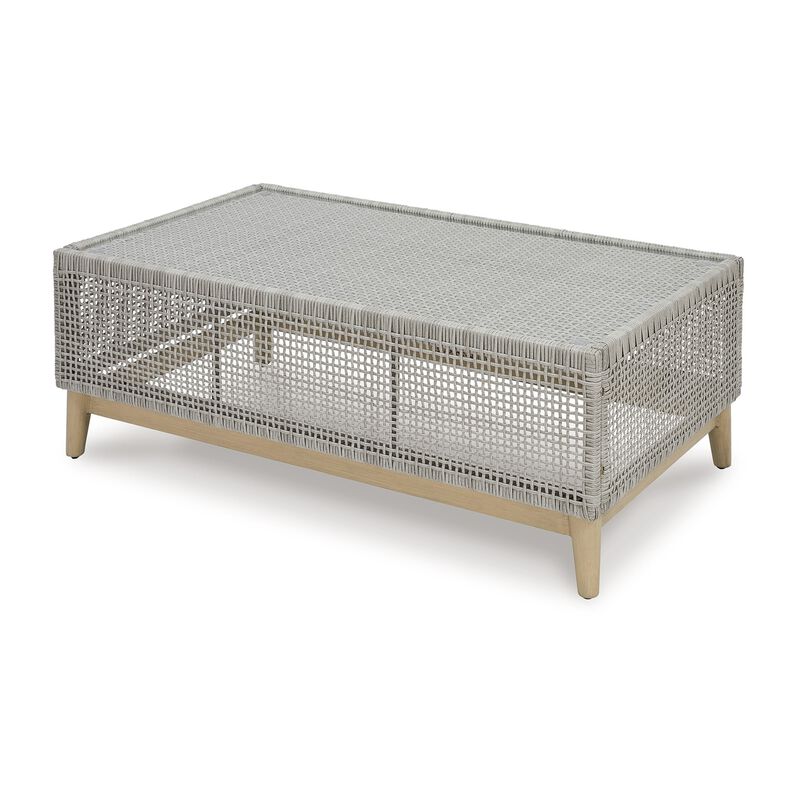 Yami 50 Inch Outdoor Coffee Table, Resin Wicker, Tempered Glass Top, Gray - Benzara
