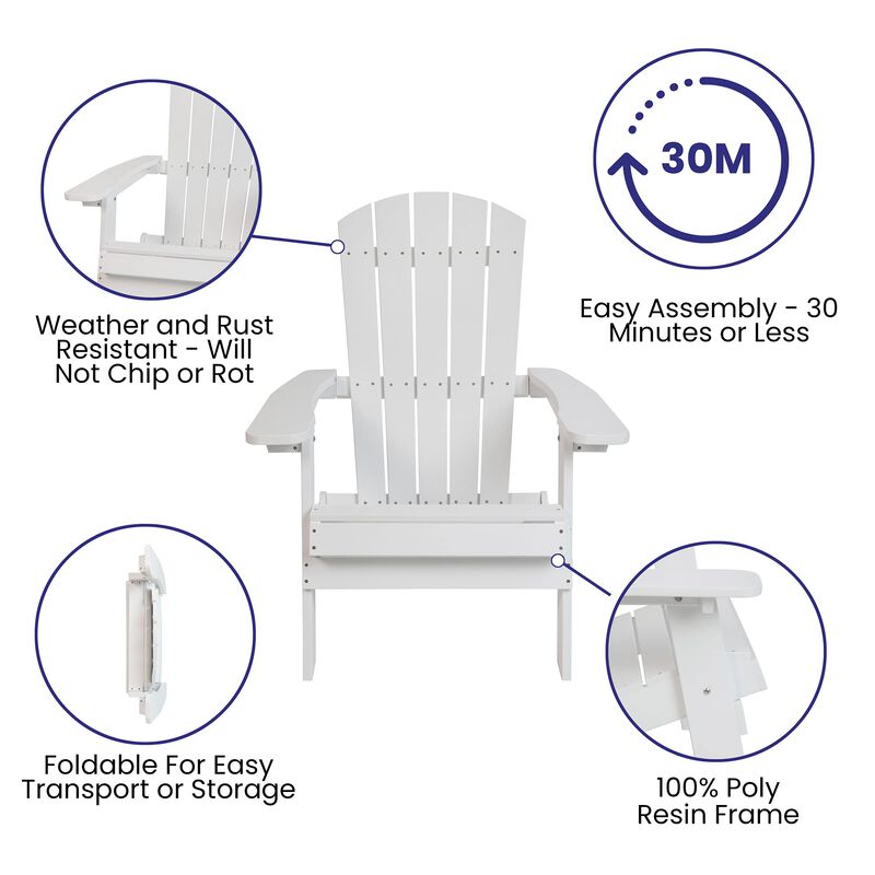 Flash Furniture Charlestown Commercial Folding Adirondack Chair - White - Poly Resin - Indoor/Outdoor - Weather Resistant