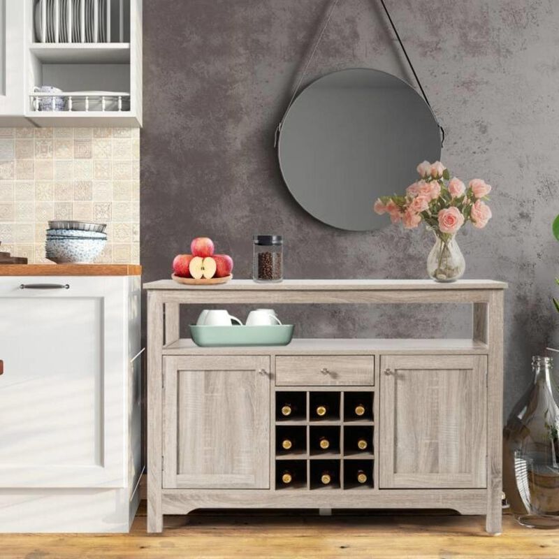 Hivvago Grey Wood Sideboard Buffet Server Cabinet with Wine Rack and Storage Shelf