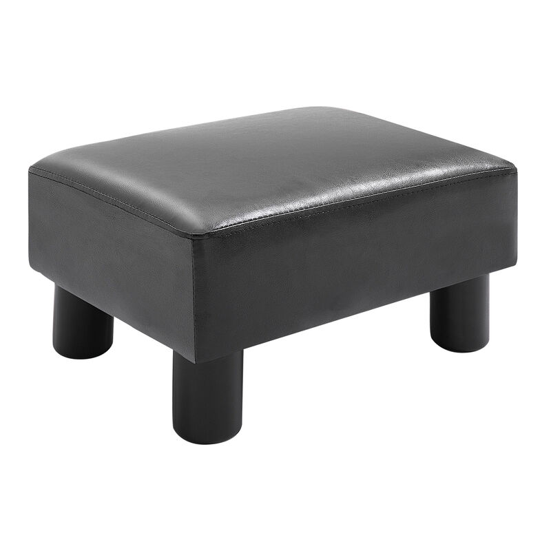 HOMCOM Ottoman Foot Rest, Small Foot Stool with Faux Leather Upholstery, Rectangular Ottoman Footrest with Padded Foam Seat and Plastic Legs, Bright Black