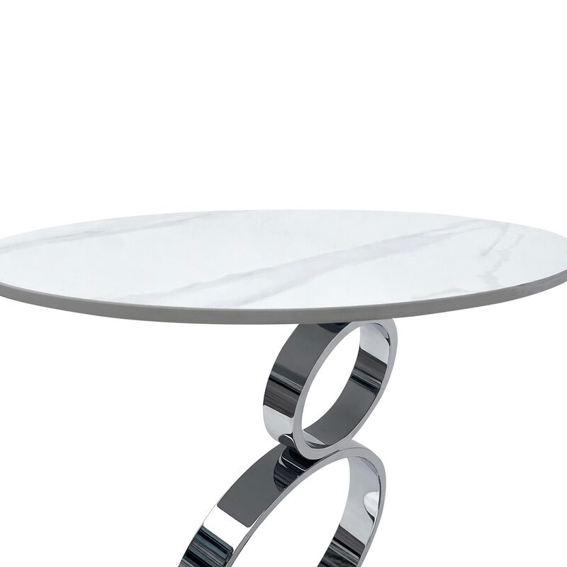 Benjara Tiyo 22 Inch Accent End Table, Round Sintered Stone Top, Silver Steel, White and Chrome