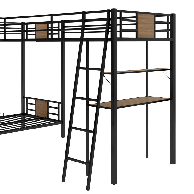 L-Shaped Twin Over Twin Bunk Bed With Twin Size Loft Bed With Desk And Shelf, Brown