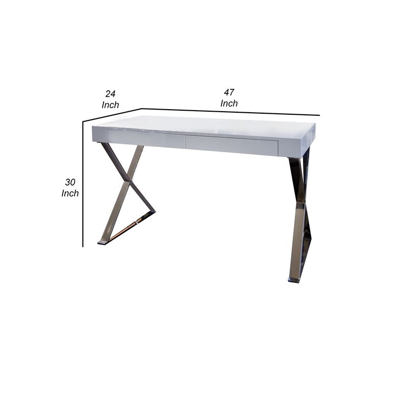 Rix 47 Inch Office Desk, White Wood Top, 2 Drawers, X Polished Steel Legs - Benzara