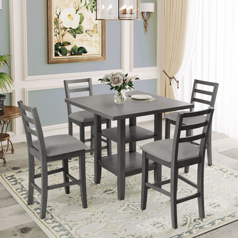 5-Piece Wooden Counter Height Dining Set with Padded Chairs and Storage Shelving (Gray)