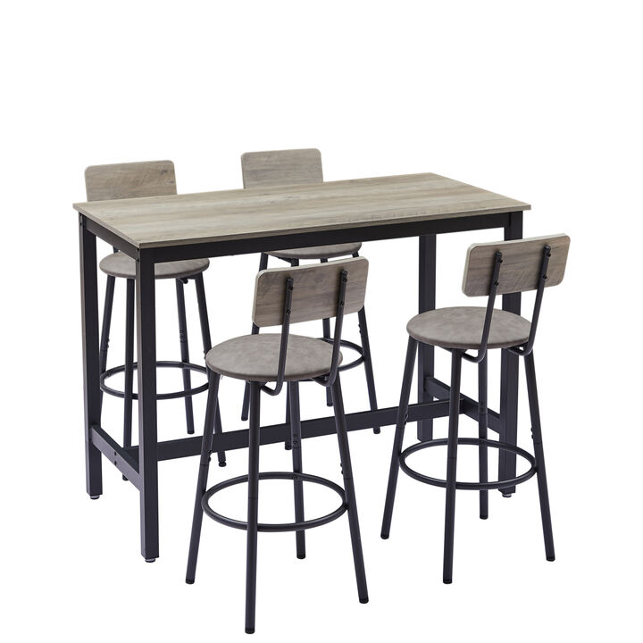 Bar Table Set with 4 Bar stools PU Soft seat with backrest, Grey, 47.24" L x 23.62" W x 35.43" H