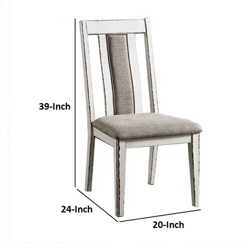 24 Inch Dining Side Chair Set of 2, Rustic White Wood, Gray Fabric Seat - Benzara
