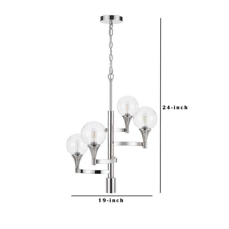 Chandelier with 4 Globe Glass Shades and Cone Design Holders, Chrome-Benzara