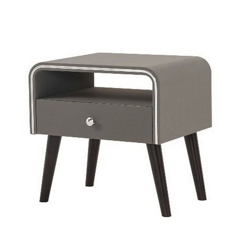 Curved Edge 1 Drawer Nightstand with Chrome Trim, Gray and Brown-Benzara