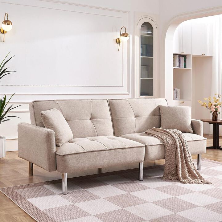 OS Home and Office Furniture Tufted Futon Convertible Sofa Sleeper with Two Throw Pillows