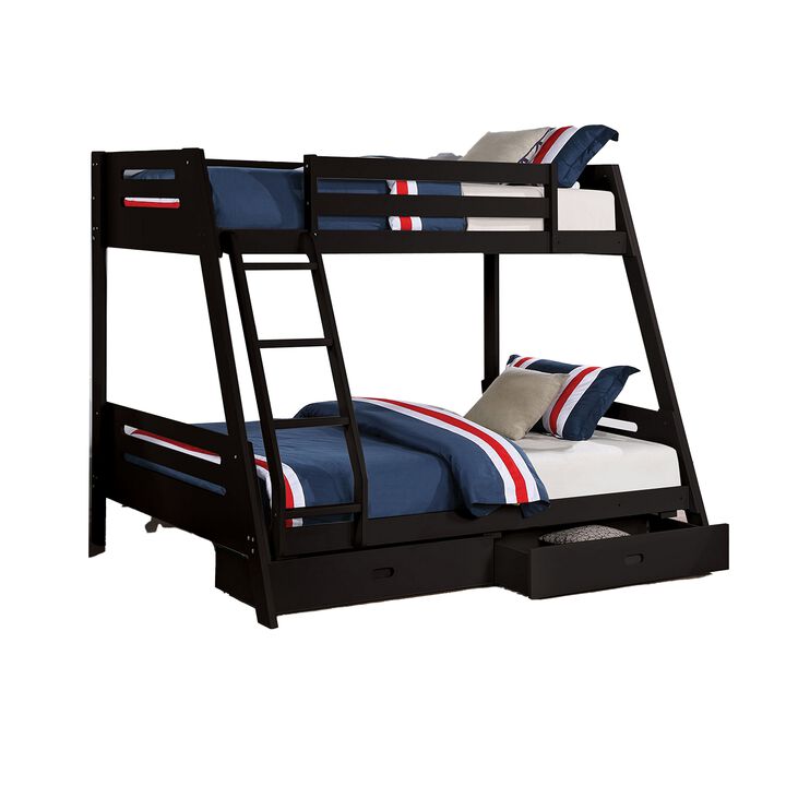 Emily Twin Over Full Bunk Bed with Ladder, 2 Drawers, Black Solid Wood