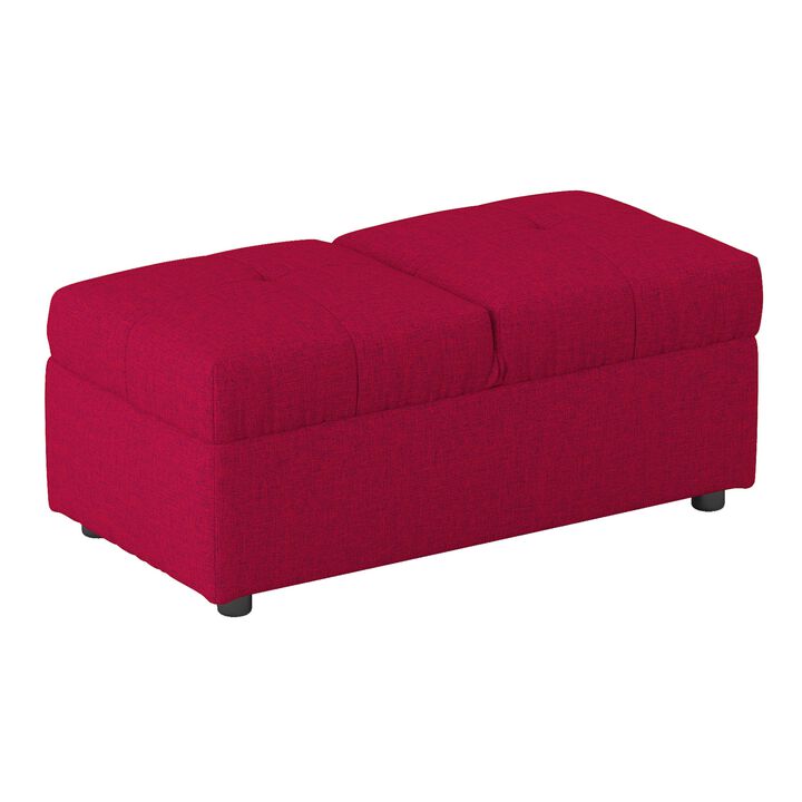 Caroline 41 Inch Storage Ottoman Chair, Tufted Seat, Adjustable Top, Red - Benzara