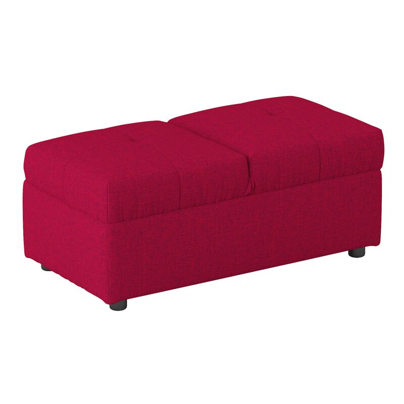 Caroline 41 Inch Storage Ottoman Chair, Tufted Seat, Adjustable Top, Red - Benzara