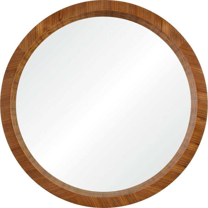 33" Walnut Brown Wooden Framed Round Wall Mirror