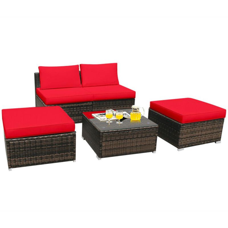 Hivvago 5 Pieces Patio Rattan Furniture Set with Cushioned Armless Sofa-Red