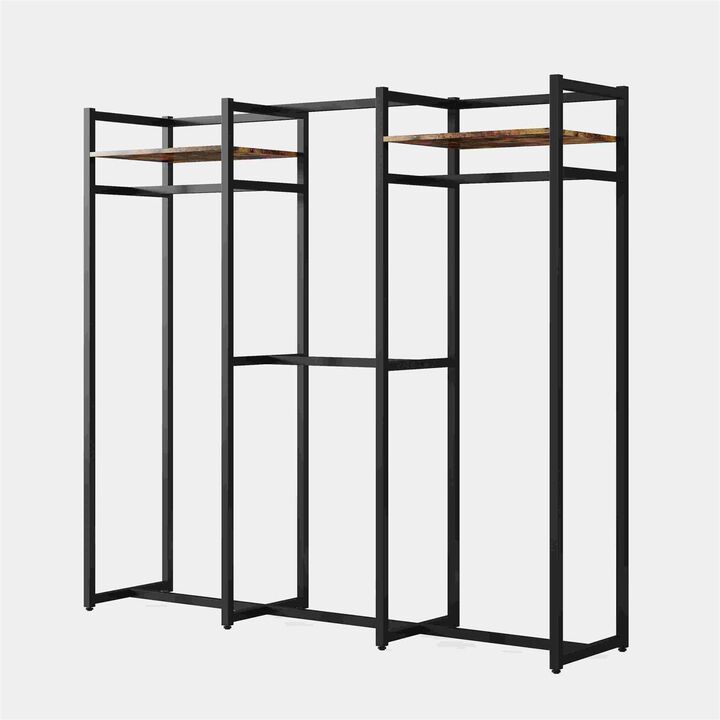 Metal Garment Rack with 4 Clothes Hanging Rods and 2 Wood Storage Shelves