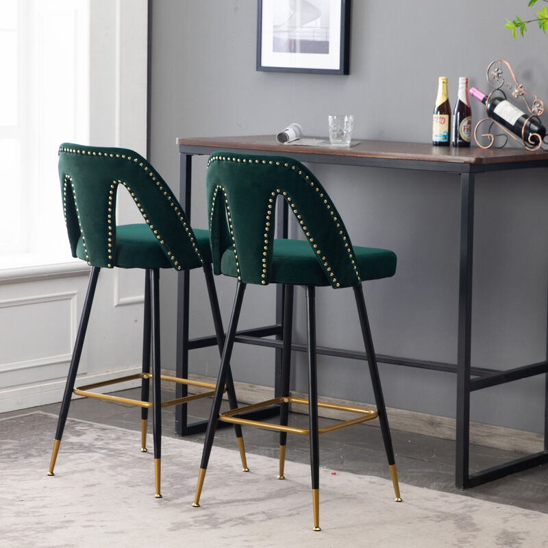 Collection Modern Contemporary Velvet Upholstered Connor 28" Barstool & Counter Stools with Nailheads and Gold Tipped Black Metal Legs, Set of 2 (Green)