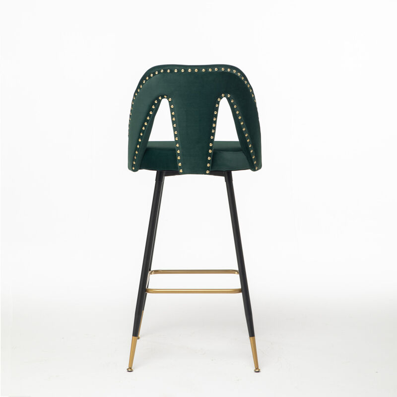Collection Modern Contemporary Velvet Upholstered Connor 28" Barstool & Counter Stools with Nailheads and Gold Tipped Black Metal Legs, Set of 2 (Green)