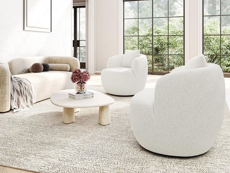 BELLEZE Wide Swivel Barrel Chair, Modern Round Boucle Swivel Armchair Curved Backrest Upholstered 360�Swivel Sofa Accent Chair with Pillow, Comfy Swivel Accent Chair for Living Room -Francisco (White)