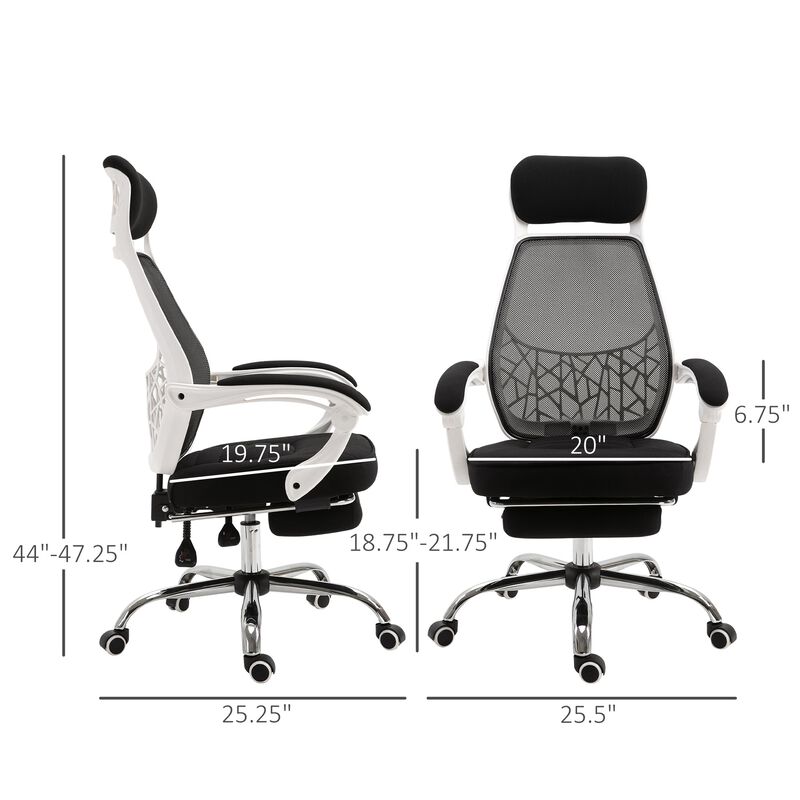 Black/White Executive Chair: High Back 360° Swivel Recliner with Footrest