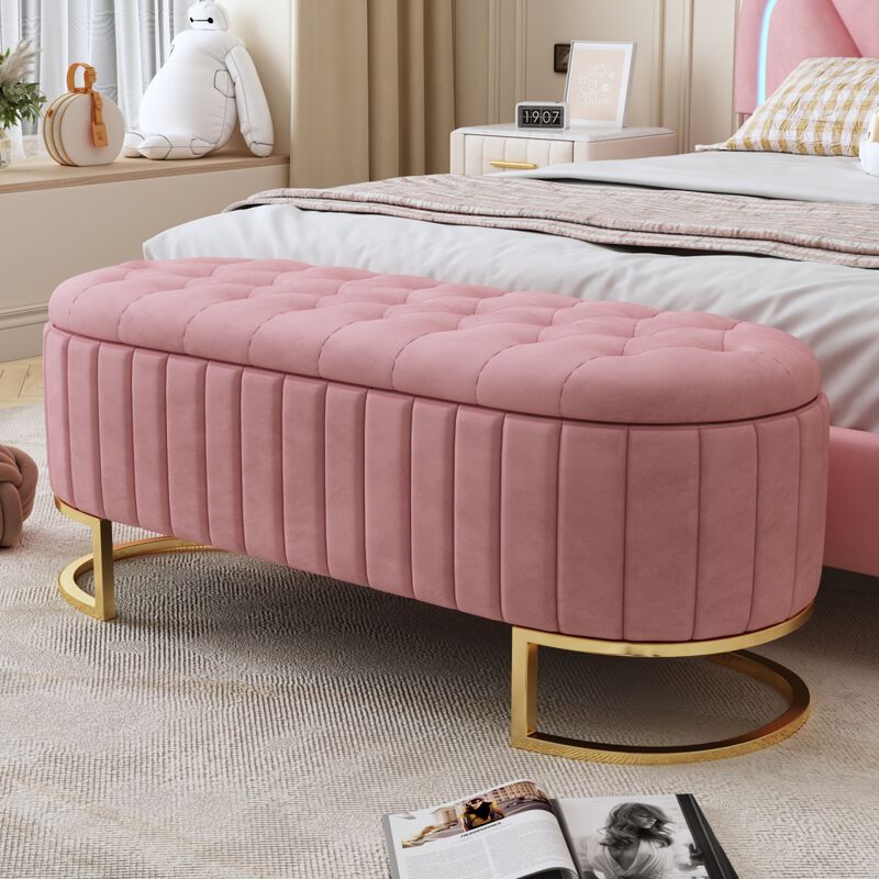 Elegant Upholstered Velvet Storage Ottoman with Button-Tufted, Storage Bench with Metal Legs for Bedroom, Living Room, Fully Assembled Except Legs, Pink