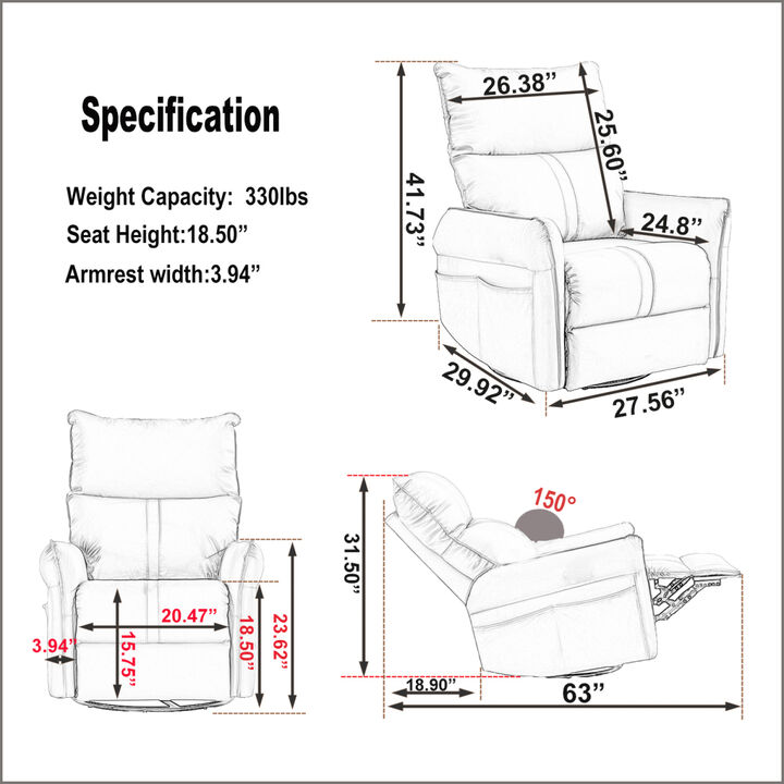 270° Power Swivel Rocker Recliner Chair, Electric Glider Reclining Sofa with USB Ports, Power Swivel Glider, Rocking Chair Nursery Recliners for Living Room Bedroom(Light Gray)