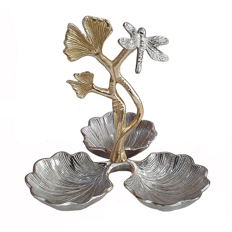 Keva 9 Inch Decorative Bowl, Curved Leaf Design, 2 Tone Gold, Silver Finish - Benzara